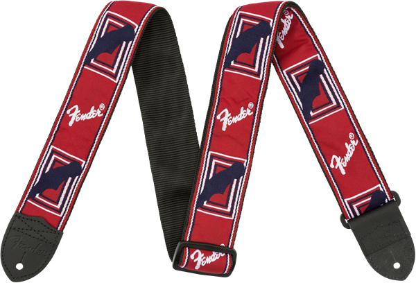 Fender monogrammed 2-inch guitar strap in red, white, and blue with Fender logo and adjustable strap design.