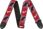 Fender monogrammed 2-inch guitar strap in red, white, and blue with Fender logo and adjustable strap design.