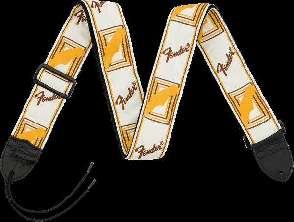 Fender monogrammed 2-inch guitar strap in white, brown, and yellow with branded logo, adjustable for comfortable playing.
