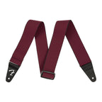 Fender WeighLess Tweed 2-inch red guitar strap with leather ends, adjustable for comfortable playing.