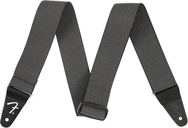 Fender WeighLess 2-inch Tweed guitar strap in grey with leather ends, designed for comfortable instrument support.