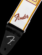 Fender WeighLess monogrammed 2-inch guitar strap in white, brown, and yellow with adjustable length and padded comfort.