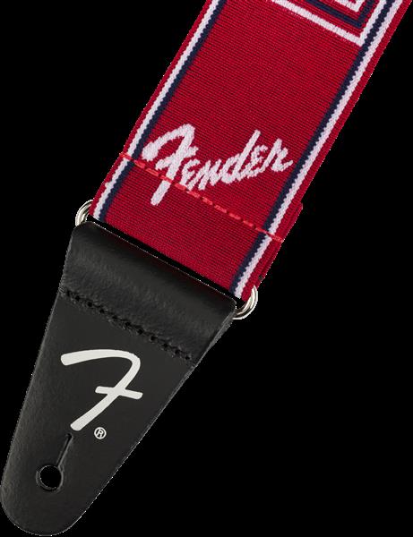 Fender WeighLess monogrammed 2-inch guitar strap in red, white, and blue with adjustable length and padded comfort.