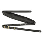 Black Fender Vintage Saddle guitar strap with leather ends, adjustable and padded for comfortable use with electric guitars.