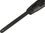 Fender Vintage Saddle black guitar strap with leather ends, adjustable for comfortable playing, made for electric and acoustic guitars.