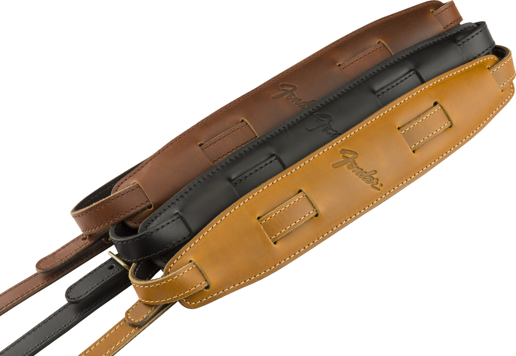 Fender Vintage Saddle guitar strap in butterscotch with leather ends and adjustable length, designed for acoustic and electric guitars.