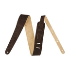 Fender reversible suede guitar strap in brown and tan, featuring adjustable length and padded comfort for secure guitar support.