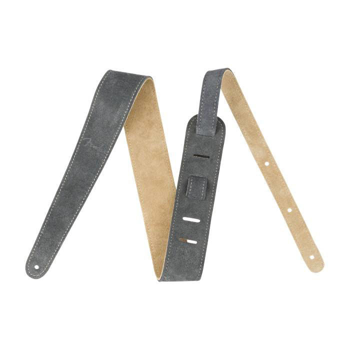 Fender reversible suede guitar strap in gray and tan, featuring adjustable length and comfortable padding for electric or acoustic guitars.