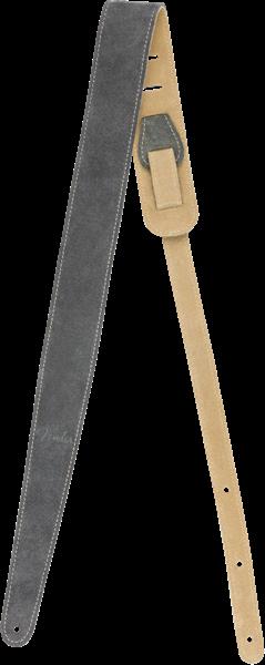 Fender reversible suede guitar strap in gray and tan, featuring adjustable length and padded comfort for playing guitar.