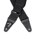 Fender Swell Neoprene 2-inch guitar strap showing black strap with Fender logo and adjustable length for comfortable playing.