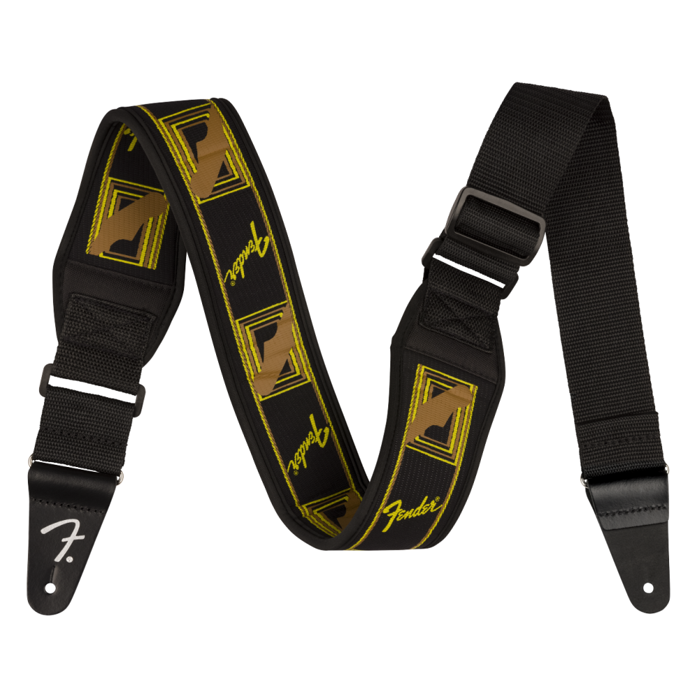 Fender Swell neoprene guitar strap in black, yellow, and brown with Fender logo, 2.5-inch wide, padded for comfortable playing.