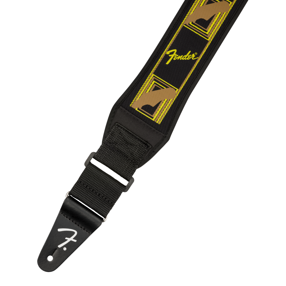 Fender Swell neoprene guitar strap in black, yellow, and brown with logo, 2.5-inch width, adjustable for comfortable playing.