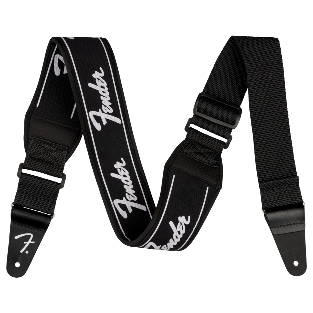 Fender Swell Neoprene Guitar Strap with logo, 2.5-inch width, adjustable for comfortable playing, black and gray design