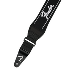 Fender Swell Neoprene guitar strap with running logo, 2.5-inch width, black and white design, adjustable for comfortable playing.