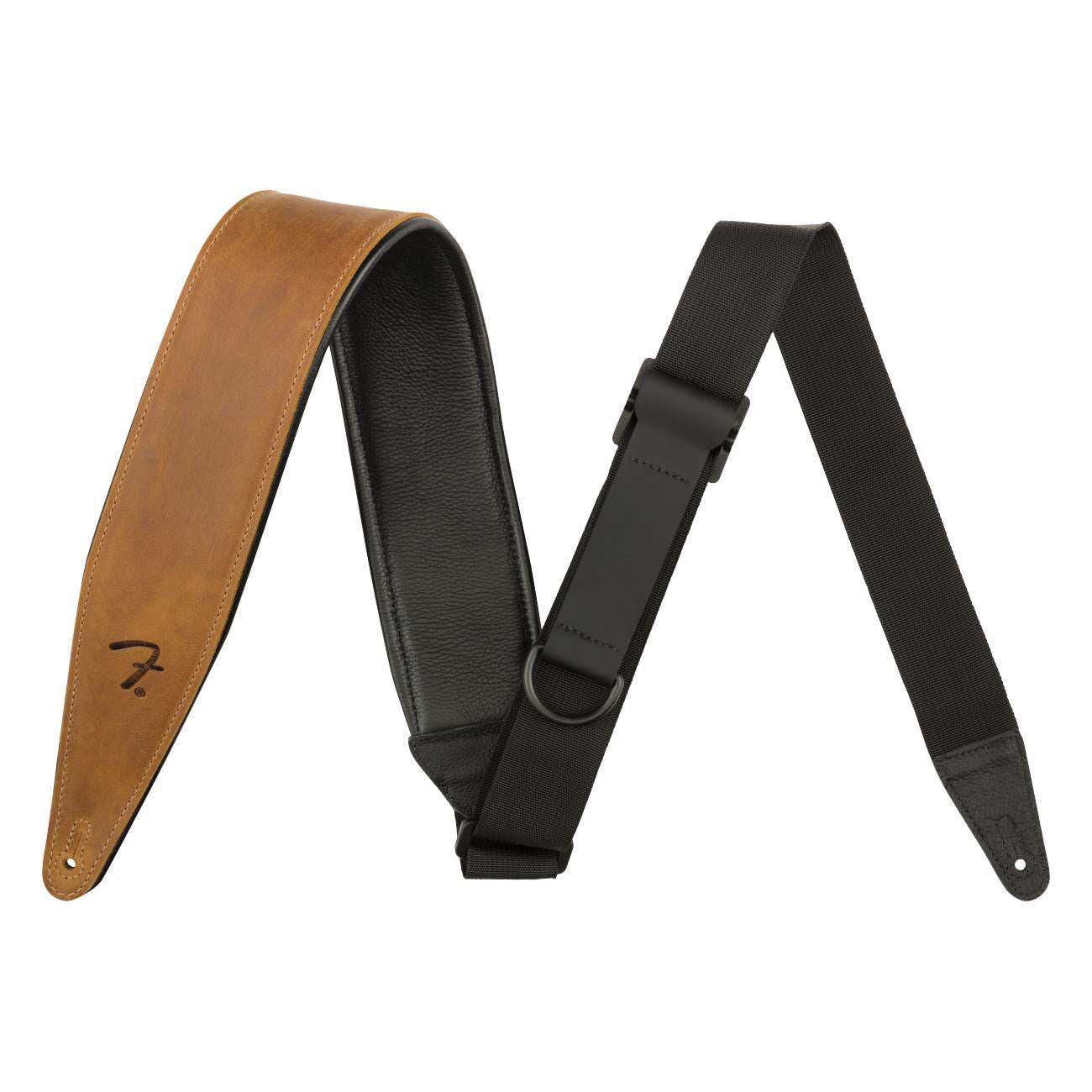 Fender Cognac leather guitar strap with adjustable right height, featuring durable leather and classic design.