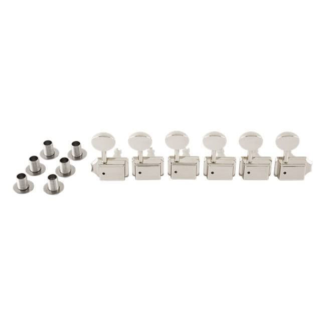 Set of six Fender American Performer Classic Gear Tuners in chrome, designed for electric guitars, with detailed tuning mechanisms visible.