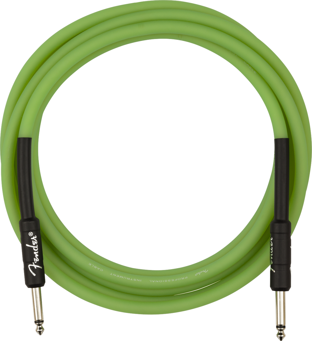 Fender Professional 10ft glow-in-the-dark green guitar lead cable, showing the illuminated cable and connector ends.