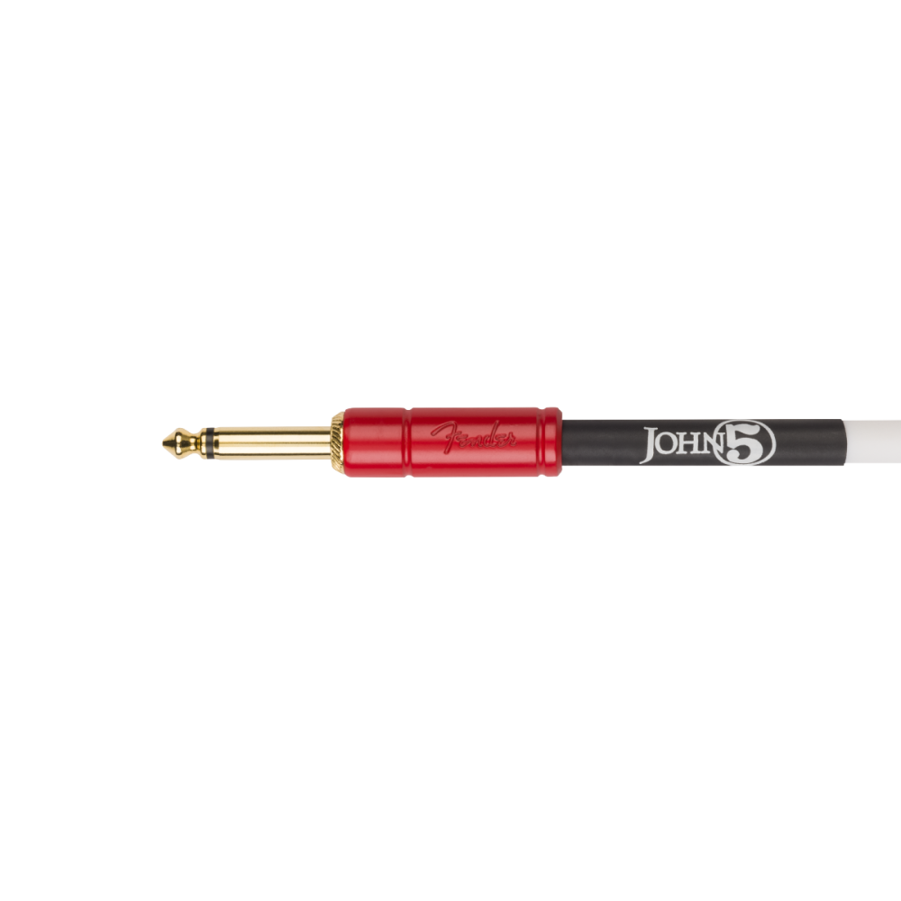 Fender John 5 10-foot white and red guitar lead cable with mono jack plug, designed for electric guitars.