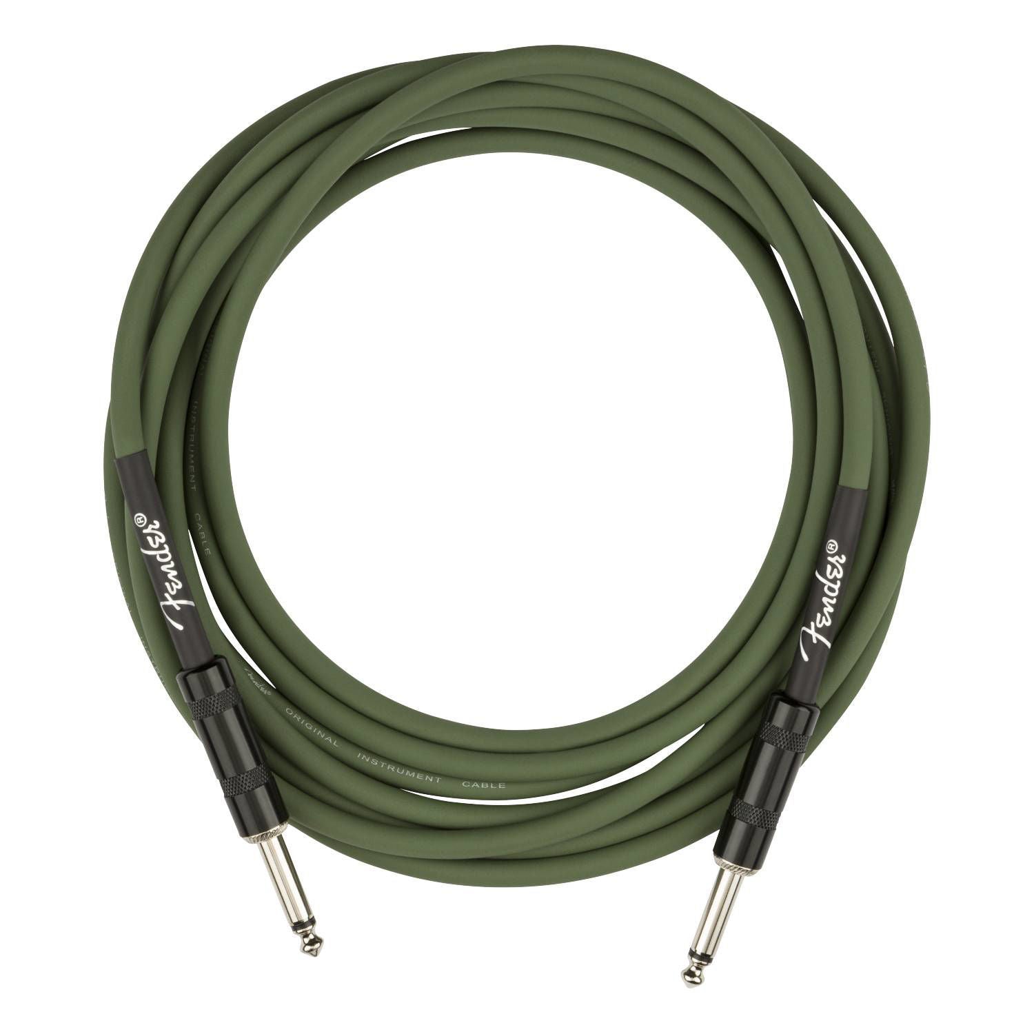 Fender Joe Strummer Pro 13-inch guitar lead in drab green with metal connectors, designed for musical instrument connection.