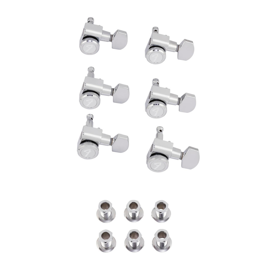 Fender locking Stratocaster and Telecaster guitar tuners in polished chrome, set of 6, with detailed metal components and branding.