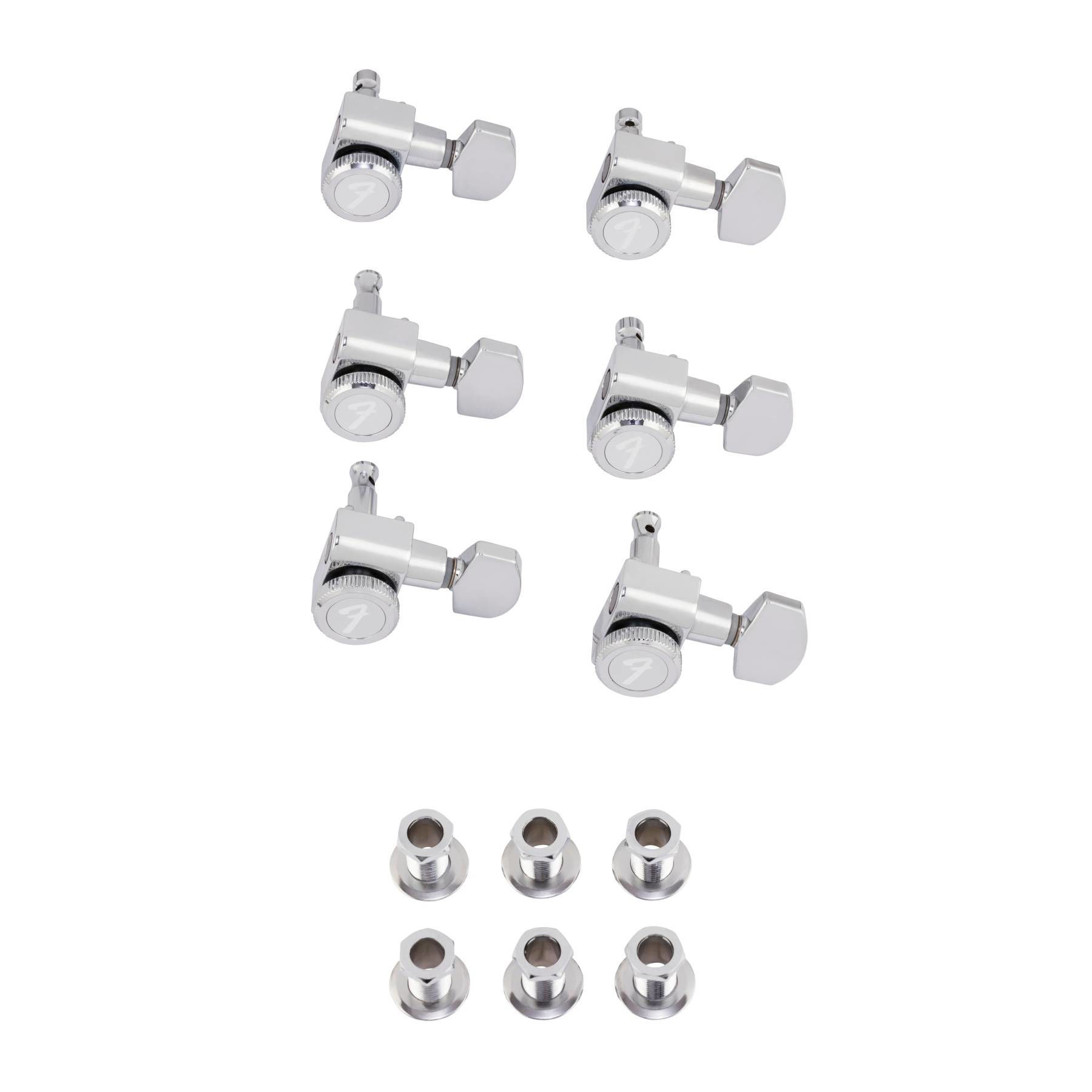 Fender locking Stratocaster and Telecaster guitar tuners in polished chrome, set of 6, with detailed metal components and branding.