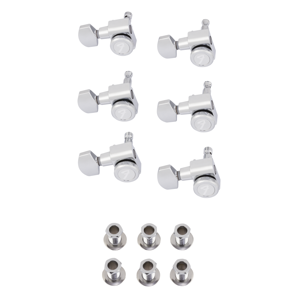 Fender left-handed locking tuners for Stratocaster and Telecaster guitars, polished chrome, set of six, guitar parts.