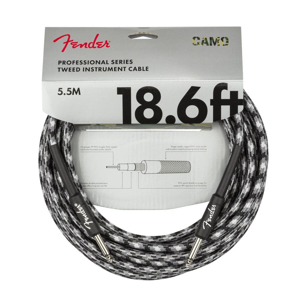 Fender Professional Series 18.6ft guitar instrument cable in winter camo design, with sturdy connectors and flexible cable for musical performance.