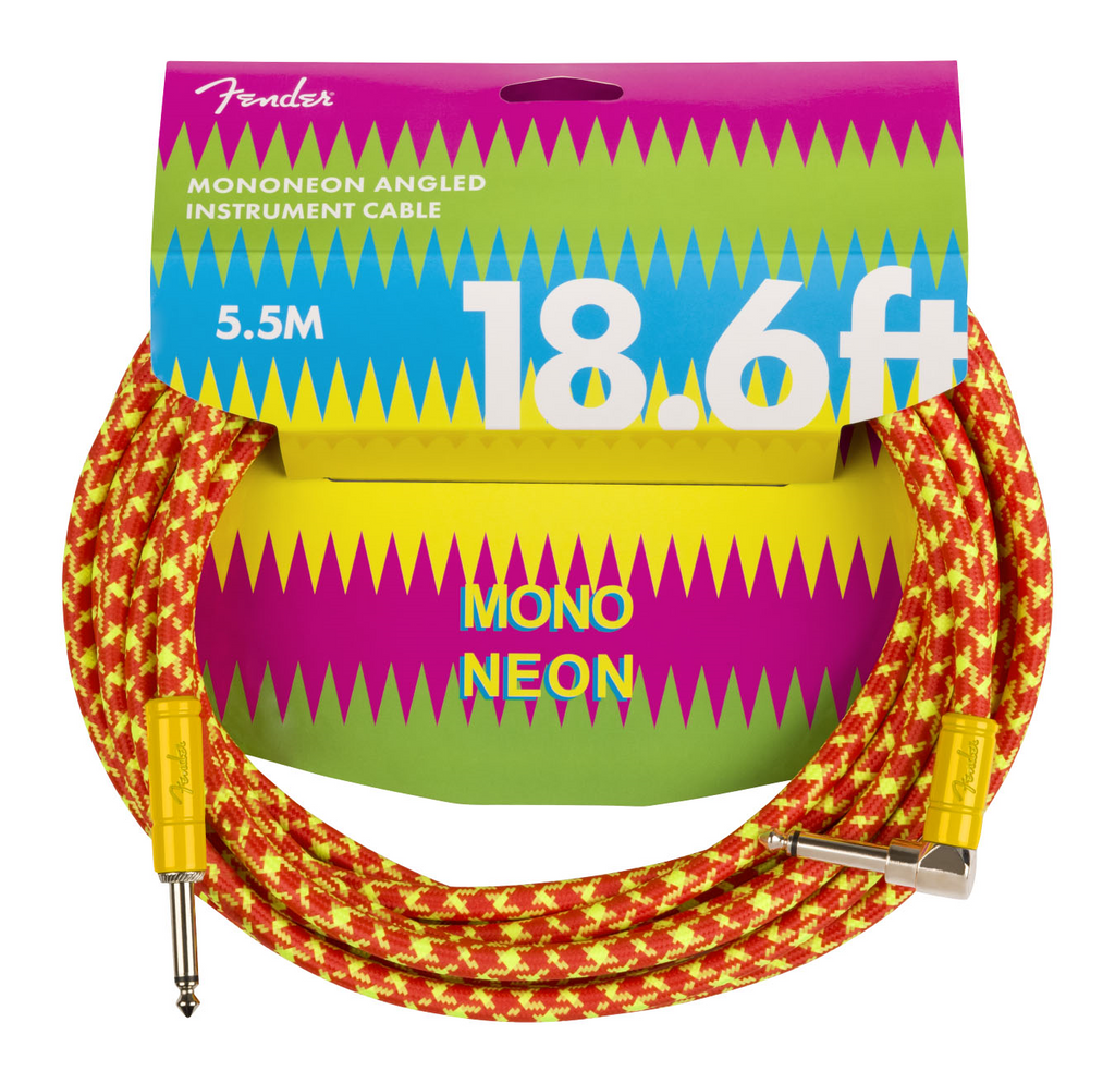 Fender MonoNeon orange angled 18.6-foot guitar lead cable, high-quality instrument cable with durable connectors and flexible design.