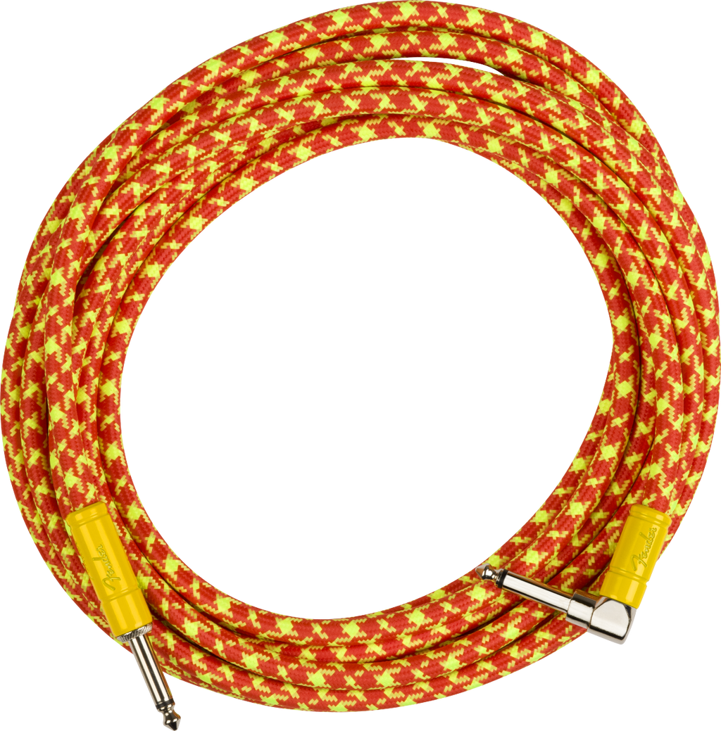 Fender MonoNeon angled 18.6-foot orange guitar cable with durable connectors and flexible design for electric guitar setup