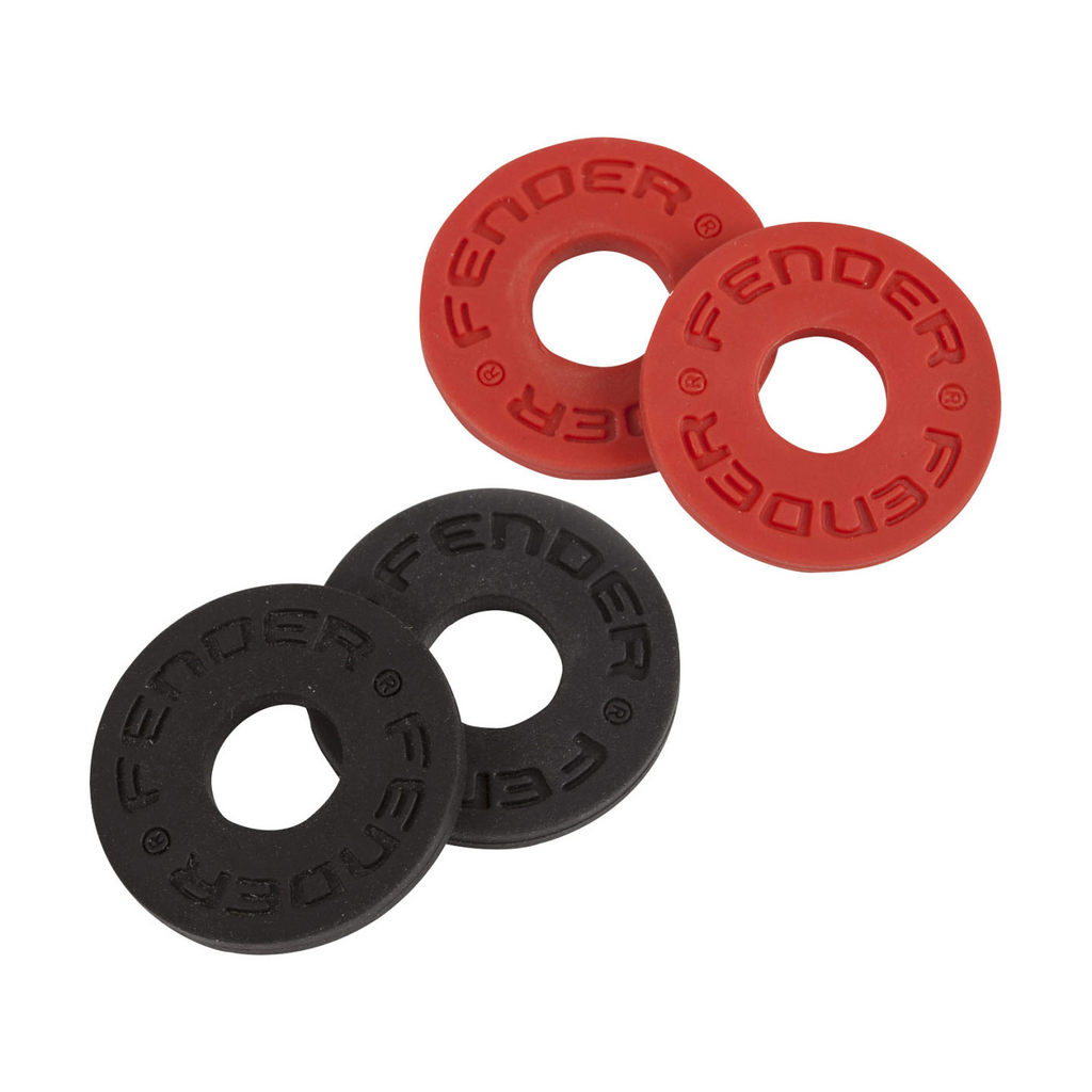 Fender guitar strap blocks 4-pack with two black and two red strap lock clips for secure guitar strap attachment.