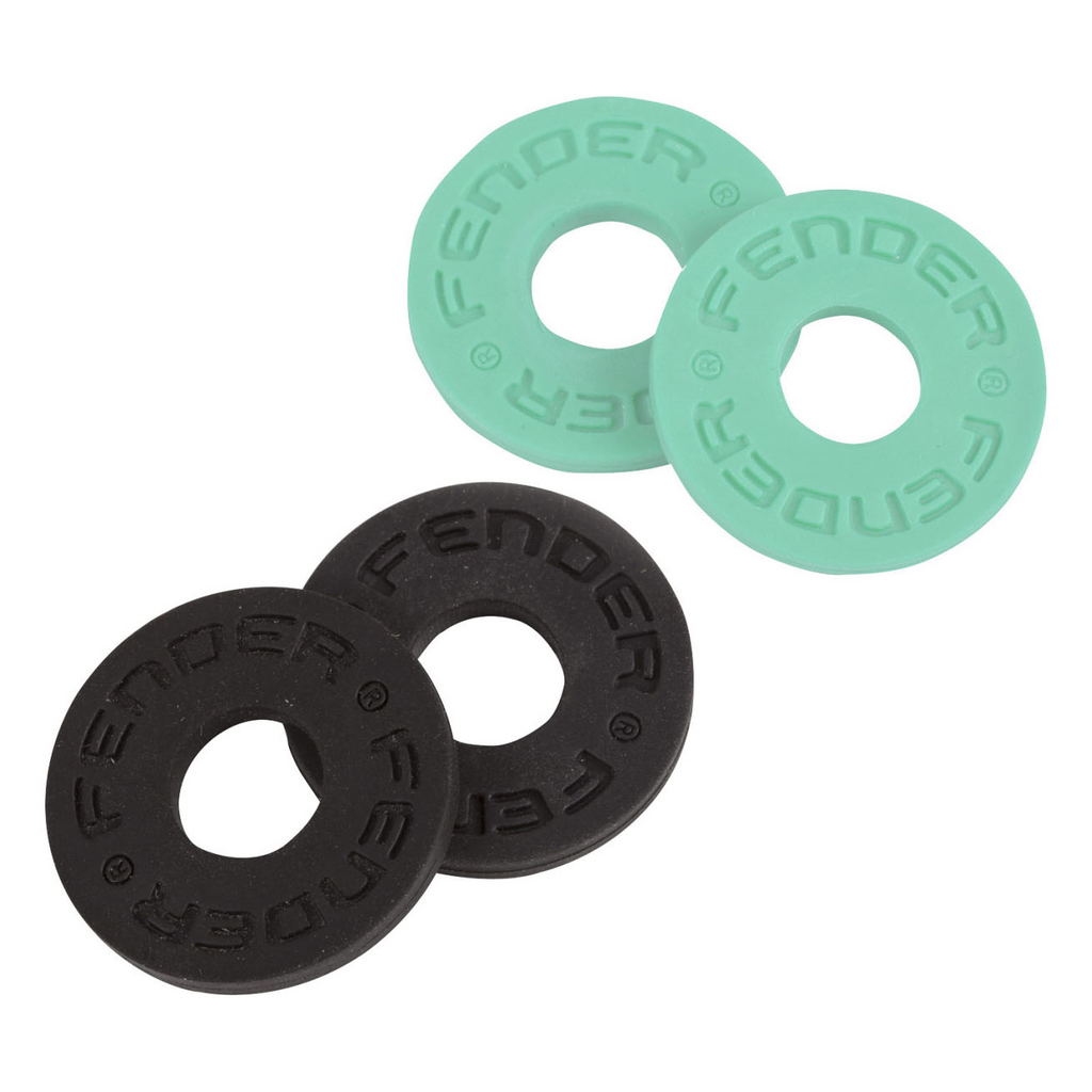 Fender Strap Blocks 4-Pack with two black and two surf green guitar strap lock accessories for secure guitar fitting.