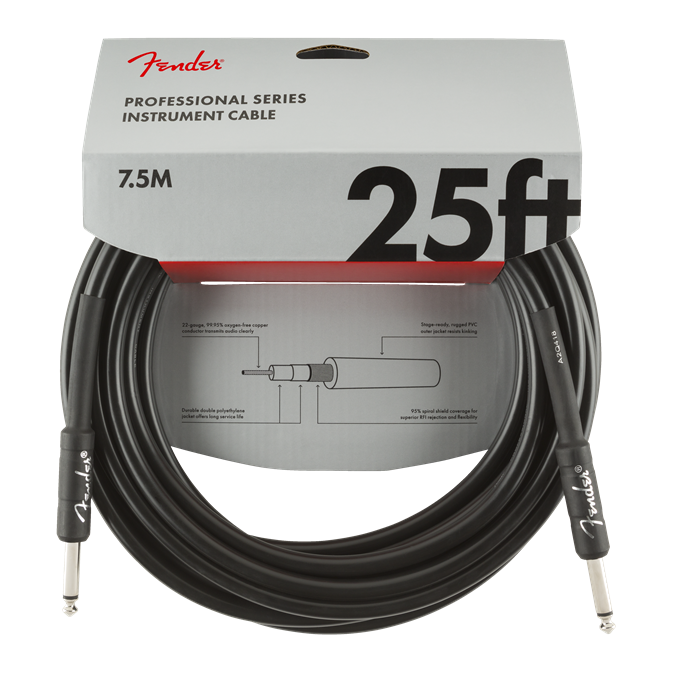 Fender Professional Series 25ft black straight guitar cable, high-quality instrument lead with durable connectors.