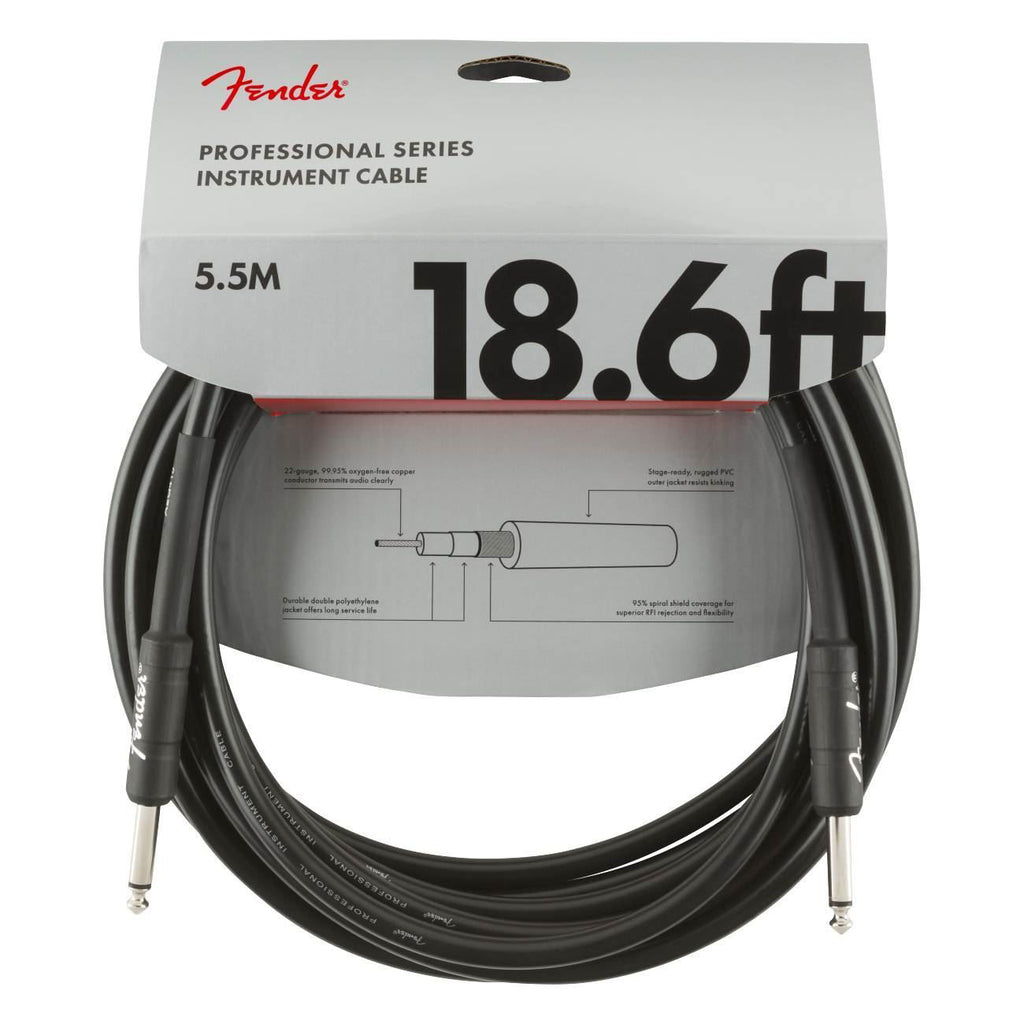 Black Fender Professional Series 18.6-foot straight guitar cable, high-quality instrument lead for electric guitars.