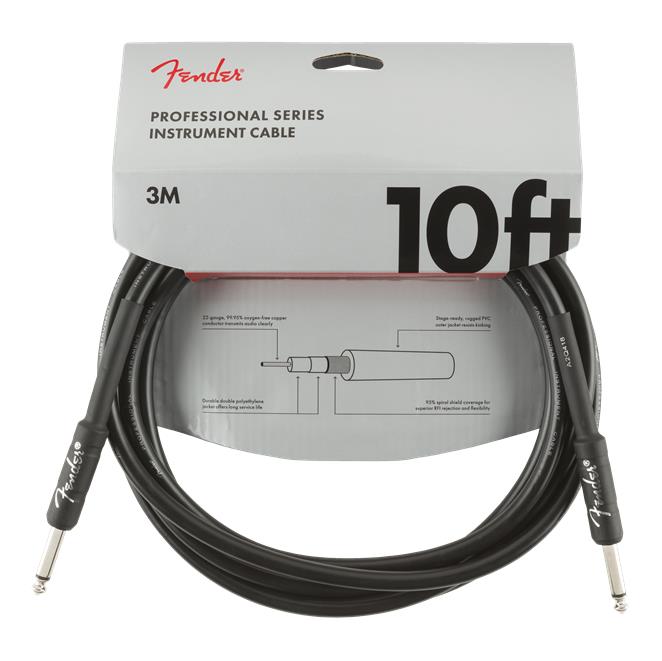 Fender Professional Series 10-foot black guitar cable with straight connectors, designed for high-quality instrument connection.