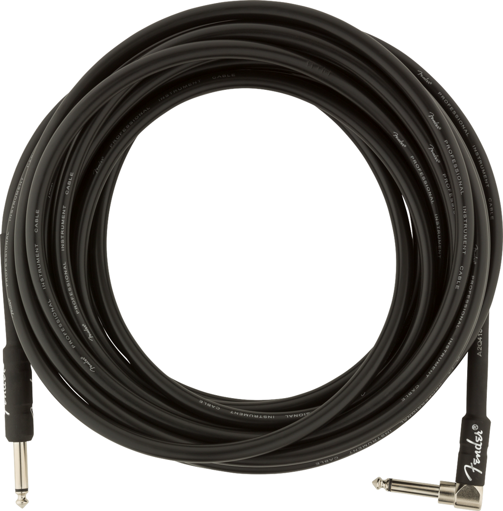 Fender Professional Series 25ft black guitar cable with straight and angled connectors for electric guitars.