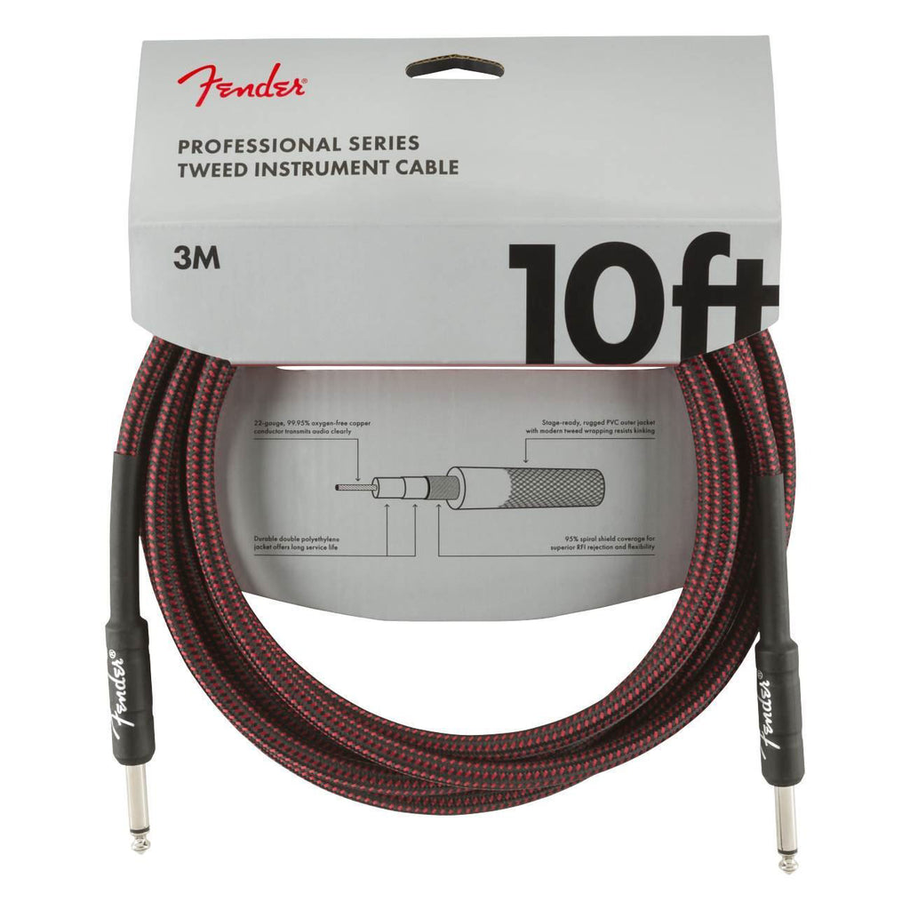 Fender Professional Series 10ft instrument guitar cable in red tweed with connectors, designed for high-quality sound.