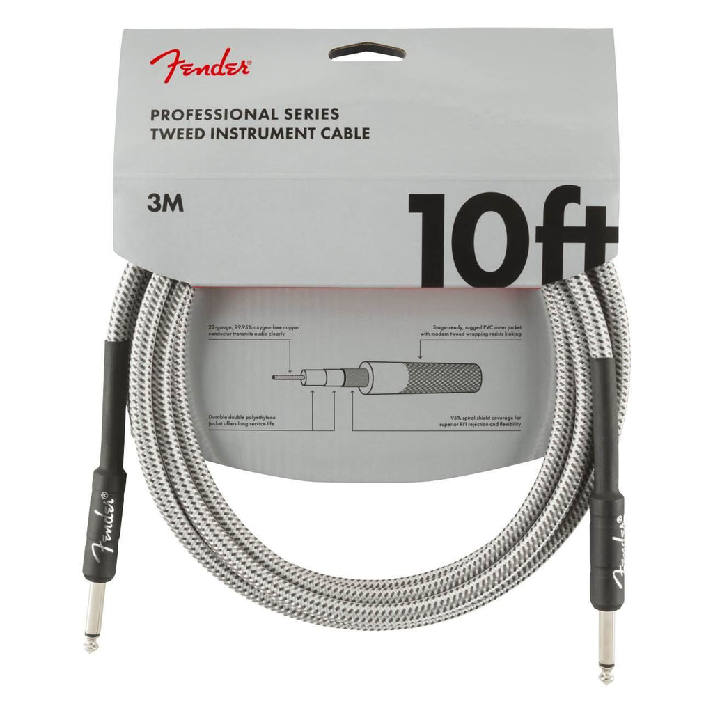 Fender Professional Series 10-foot white tweed guitar cable, sturdy lead with durable connectors for electric guitars.