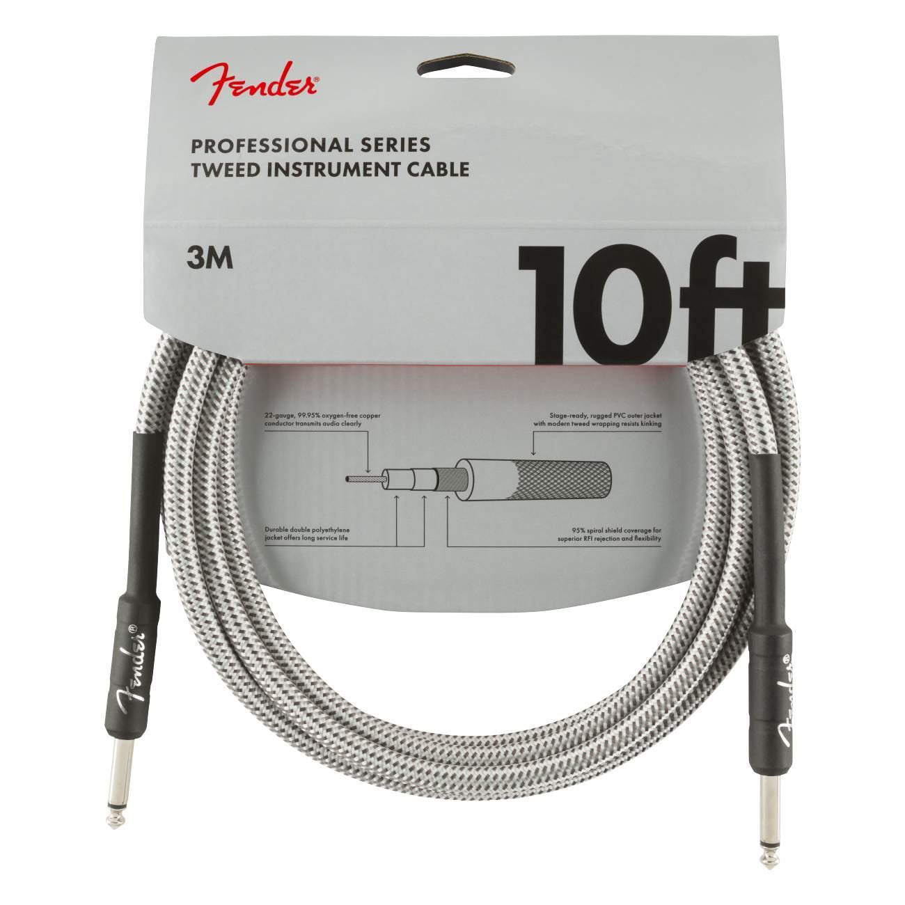 Fender Professional Series 10-foot white tweed guitar cable, sturdy lead with durable connectors for electric guitars.