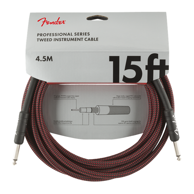 Fender Professional Series 15ft red tweed guitar cable, instrument lead with sturdy connectors and vibrant red design.