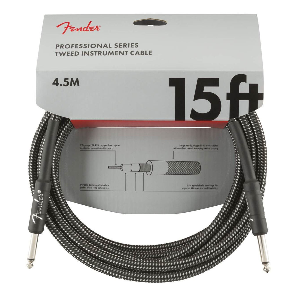 Fender Professional Series 15ft gray tweed guitar cable, a high-quality instrument lead with durable construction.