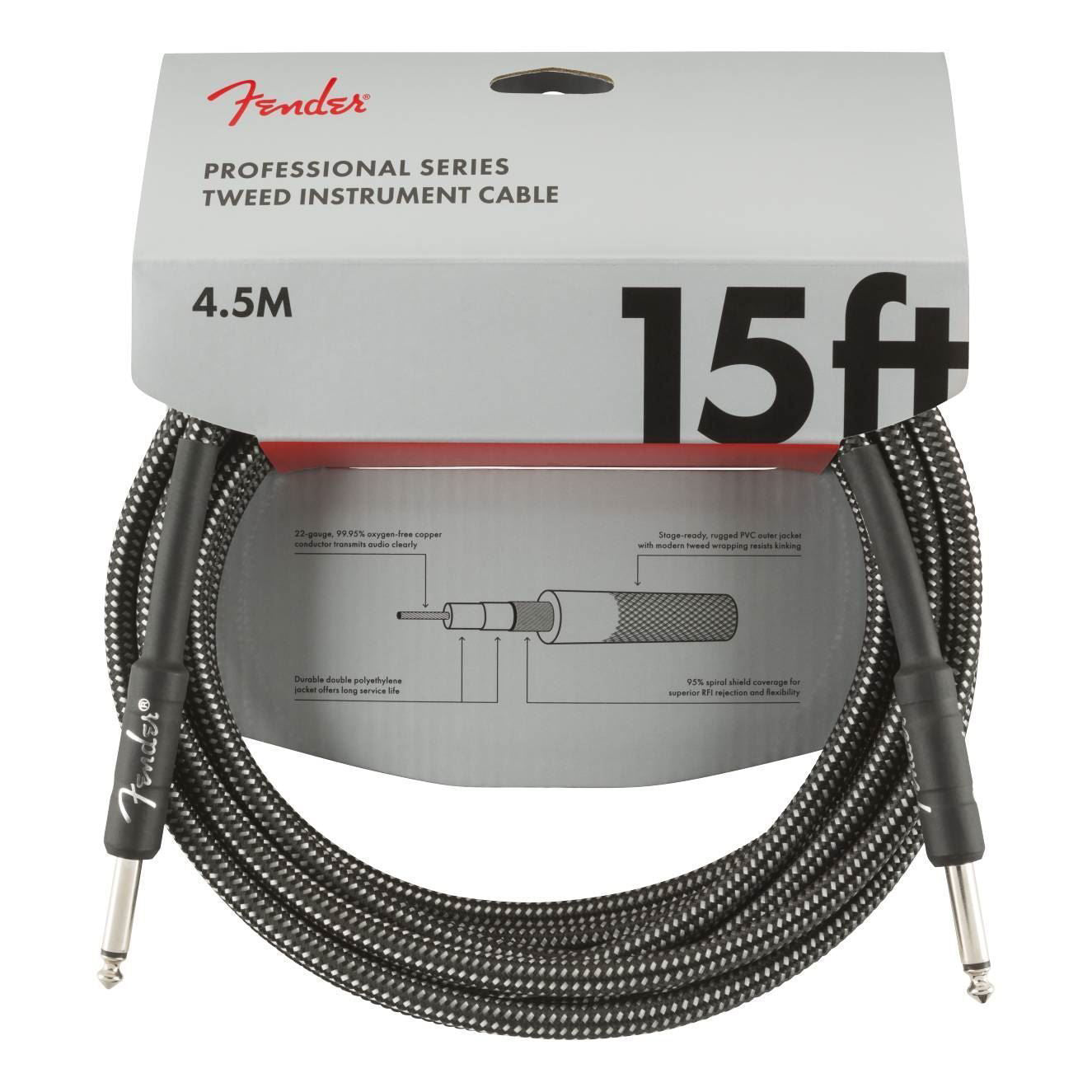 Fender Professional Series 15ft gray tweed guitar cable, a high-quality instrument lead with durable construction.