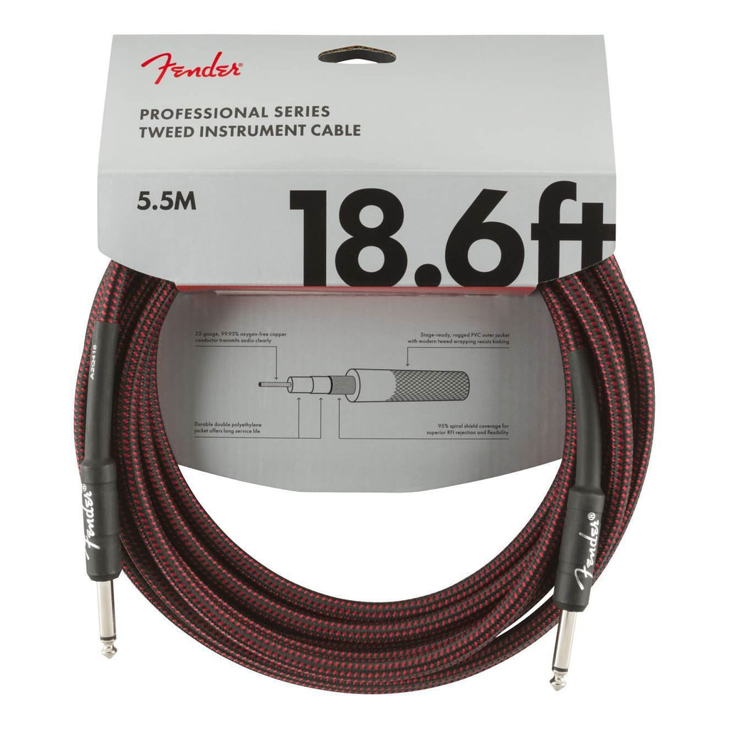 Fender Professional Series 18.6-foot red tweed guitar cable, long guitar lead with durable connectors and vibrant red tweed design.