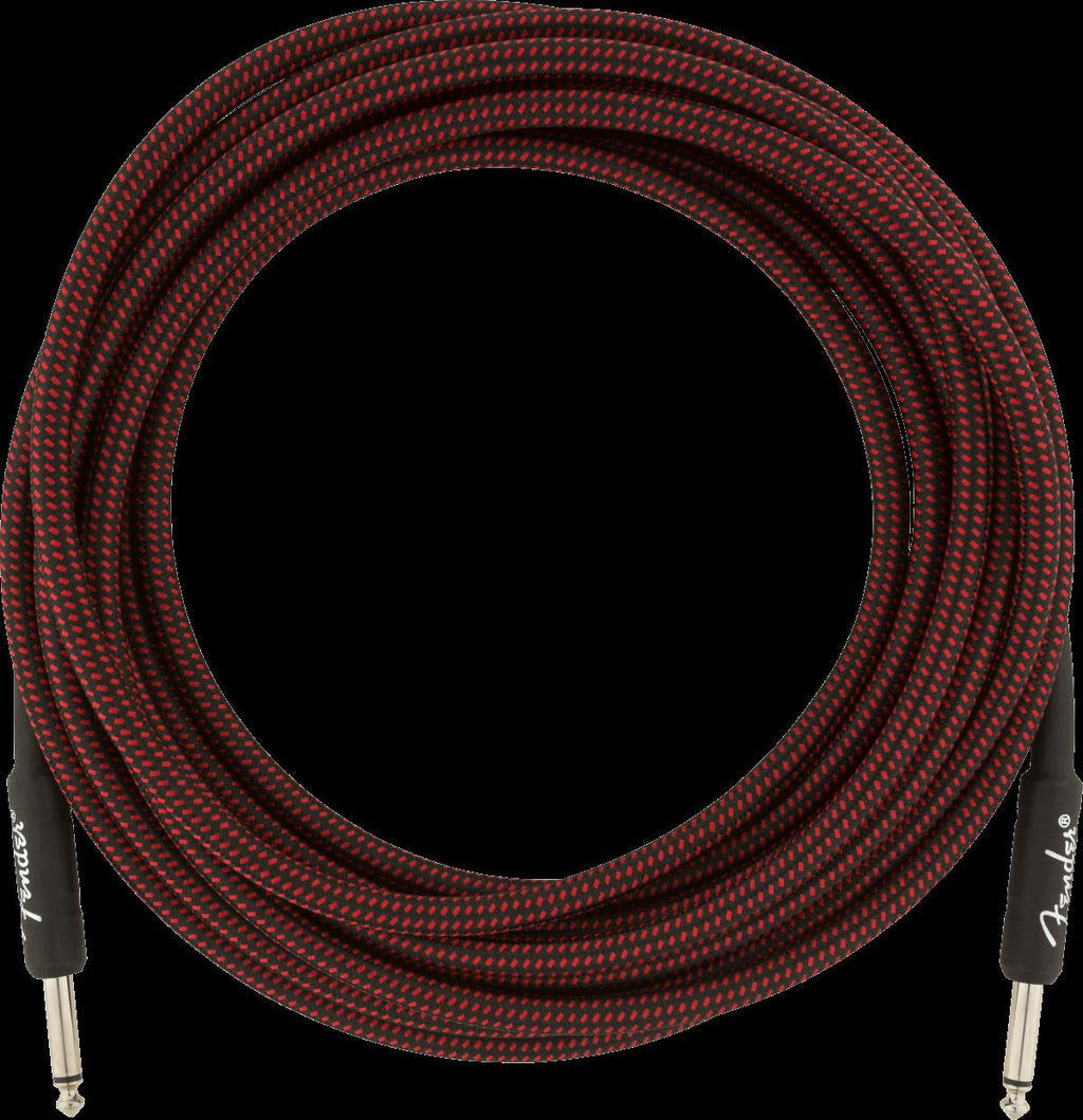 Red Fender Professional Series 18.6-foot guitar cable with tweed design, showing durable connectors and high-quality construction.