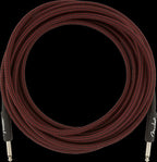 Red Fender Professional Series 18.6-foot guitar cable with tweed design, showing durable connectors and high-quality construction.