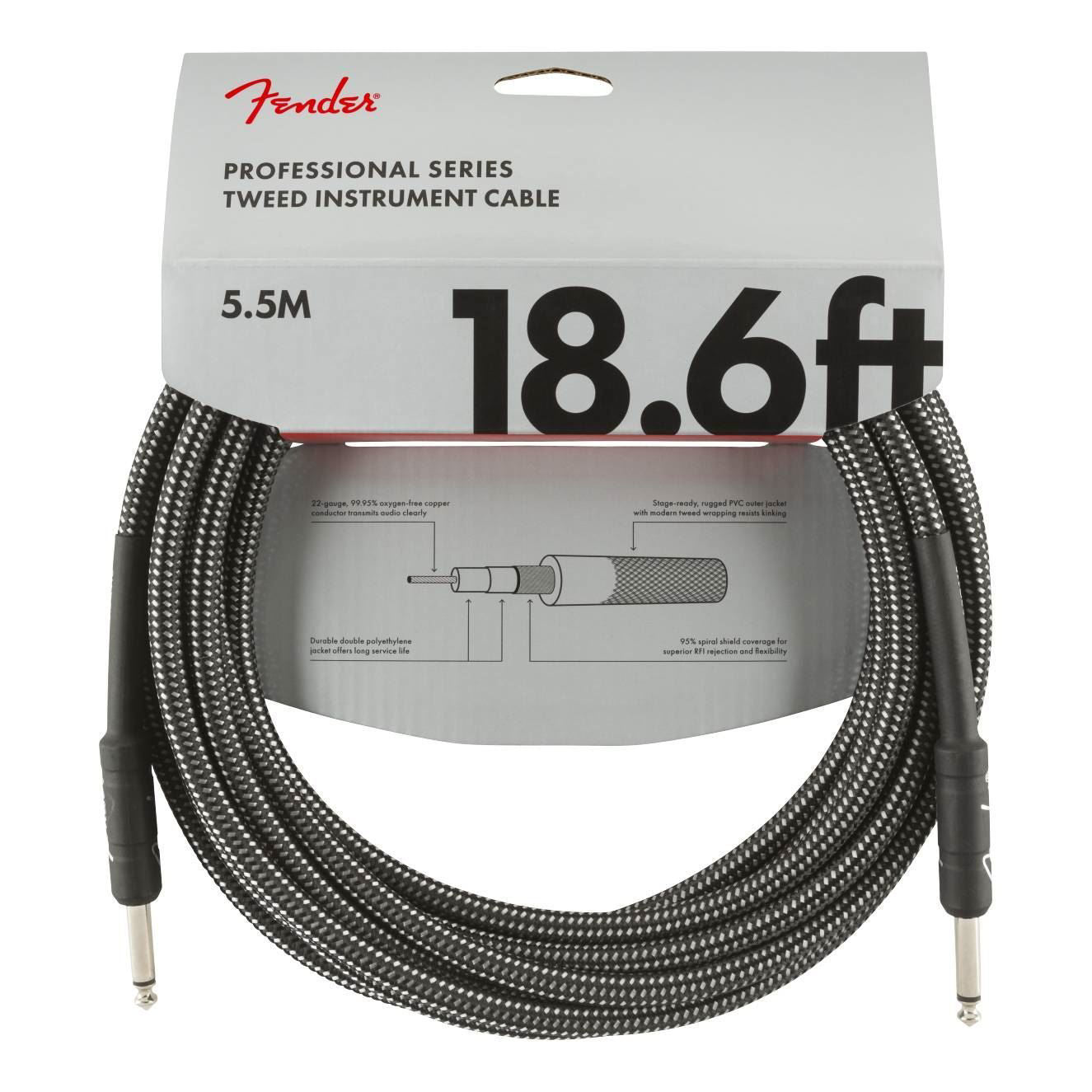 Fender Professional Series 18.6ft gray tweed guitar cable, instrument lead with durable construction and flexible design.