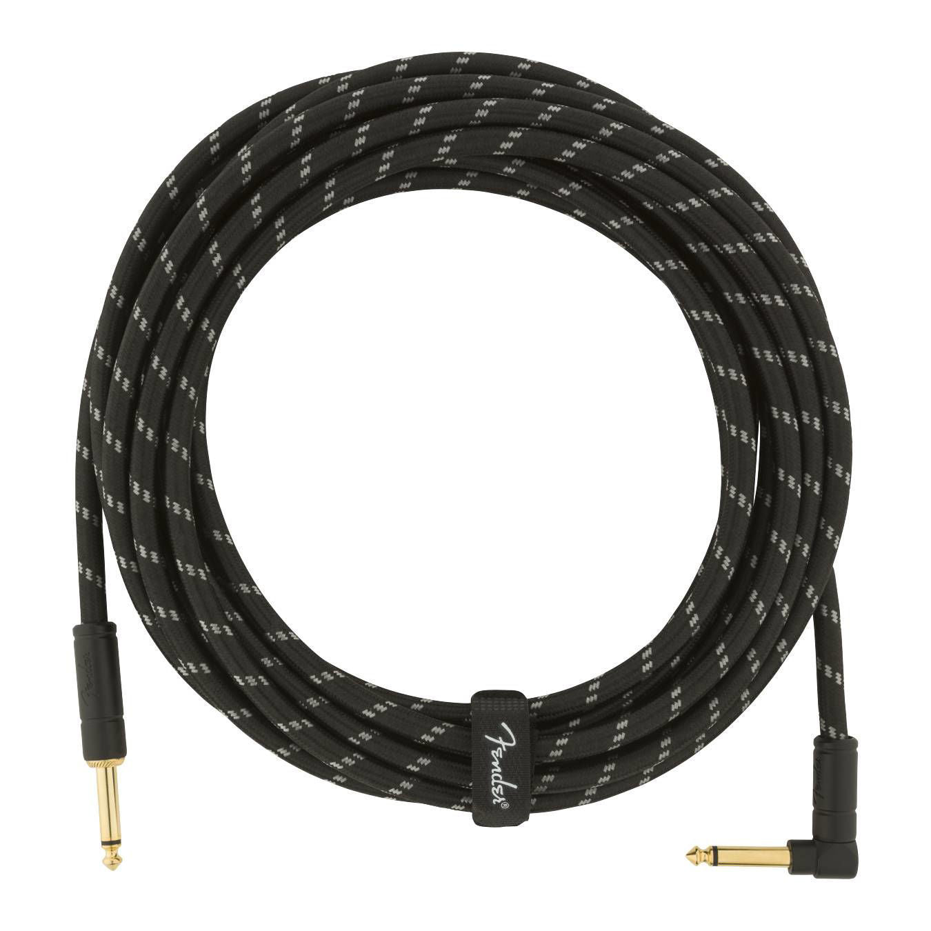 Fender Deluxe 18.6ft black tweed guitar cable with straight and angled connectors for electric guitar connection.