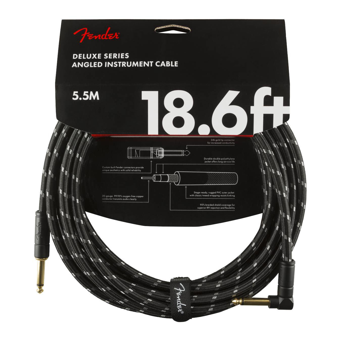 Fender Deluxe Series 18.6ft black tweed guitar cable with straight and angled connectors for electric guitar connections
