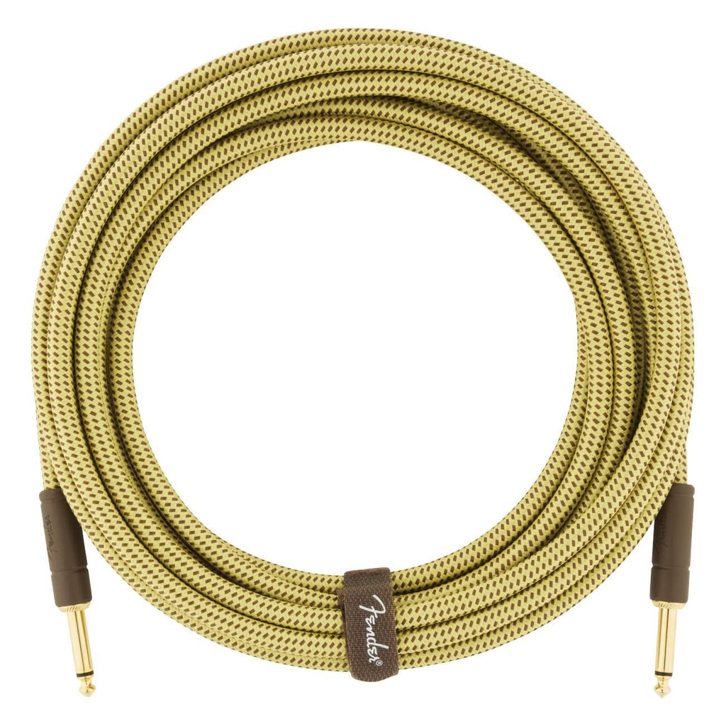 Fender Deluxe Series 18.6ft straight guitar cable in tweed, showing the durable straight instrument cable for electric guitars.
