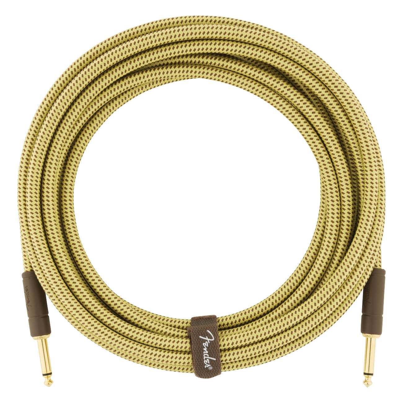 Fender Deluxe Series 18.6ft straight guitar cable in tweed, showing the durable straight instrument cable for electric guitars.