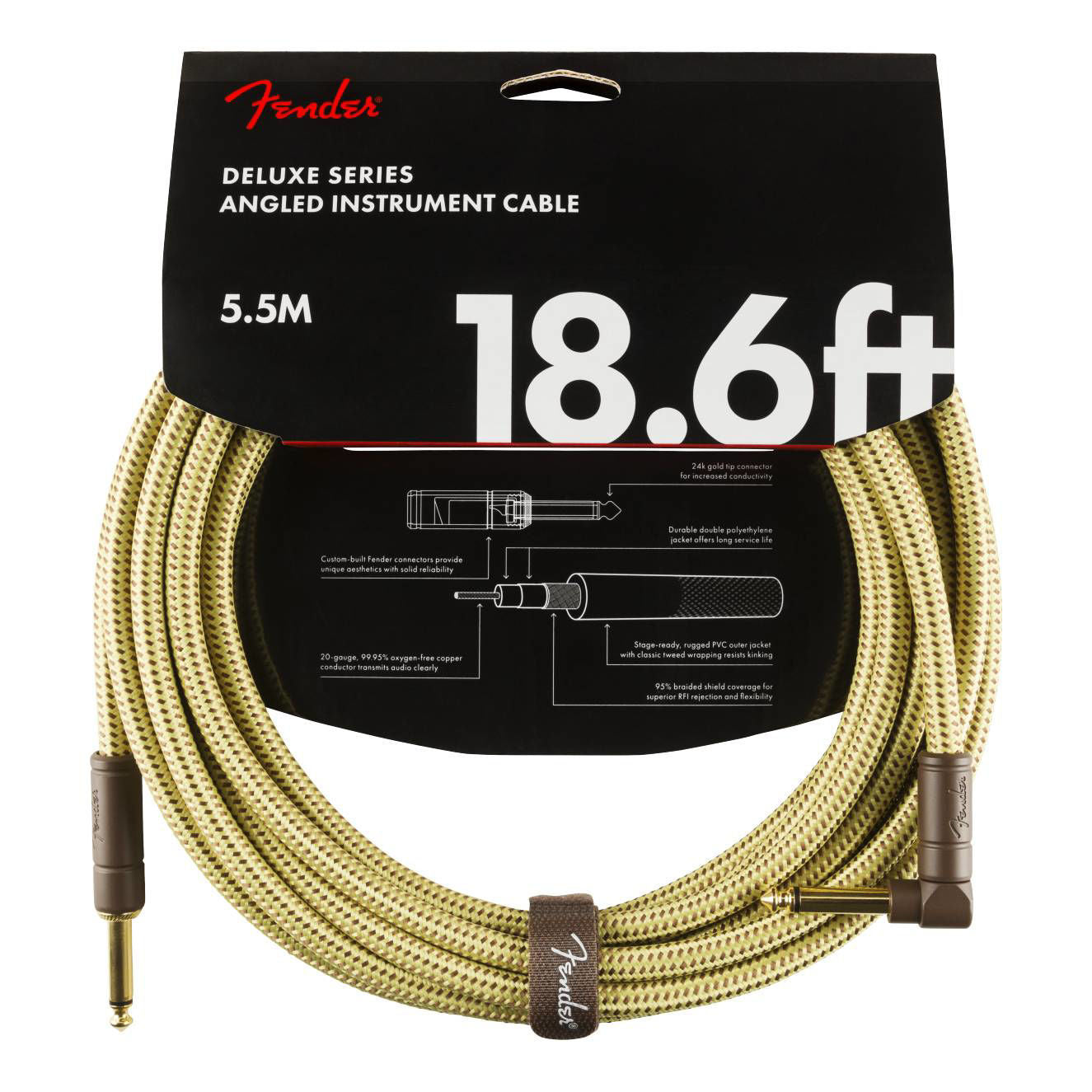 Fender Deluxe Series 18.6ft straight and angled guitar cable in tweed, designed for electric guitar connections.